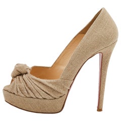 Christian Louboutin Beige Jute Fabric Jenny Platform Knot Peep Toe Pumps Size 38