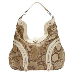 CHRISTIAN LOUBOUTIN beige khakifarbene schuppenförmige Leder-Biker-Reißverschluss-Ketten-Hobo-Tasche