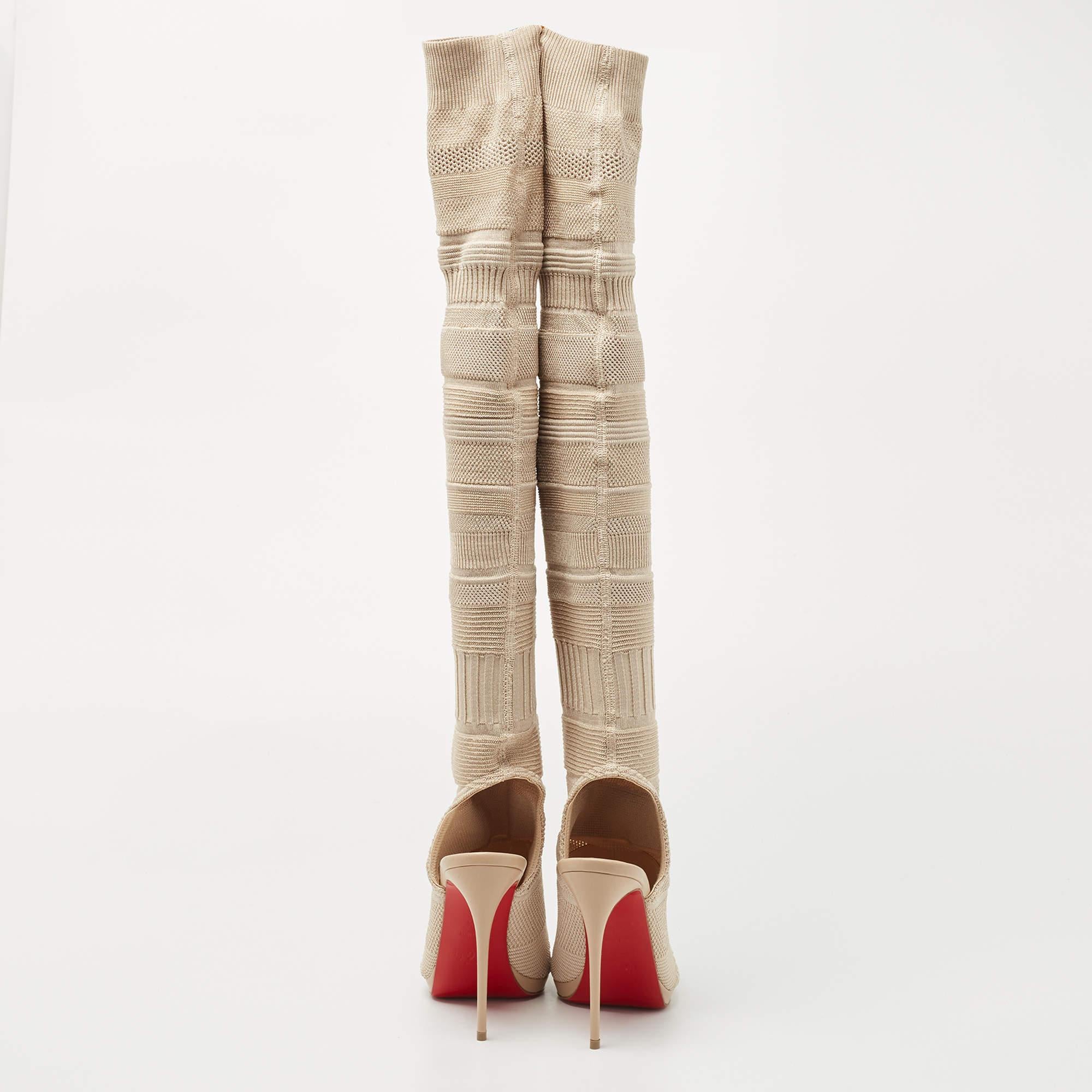 Christian Louboutin Beige Knit Fabric Cheminetta Boots Size 38.5 In New Condition In Dubai, Al Qouz 2