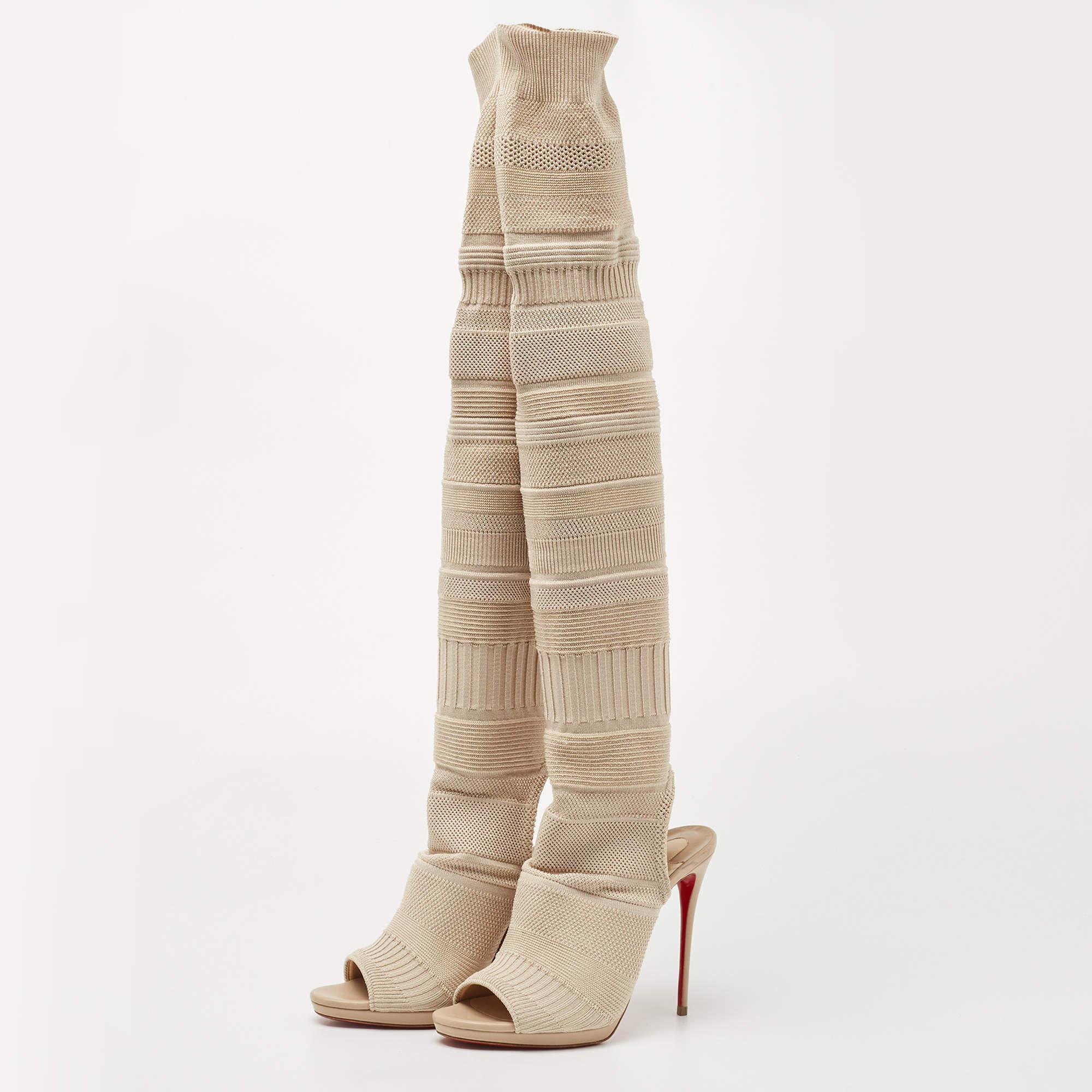 Women's Christian Louboutin Beige Knit Fabric Cheminetta Boots Size 38.5