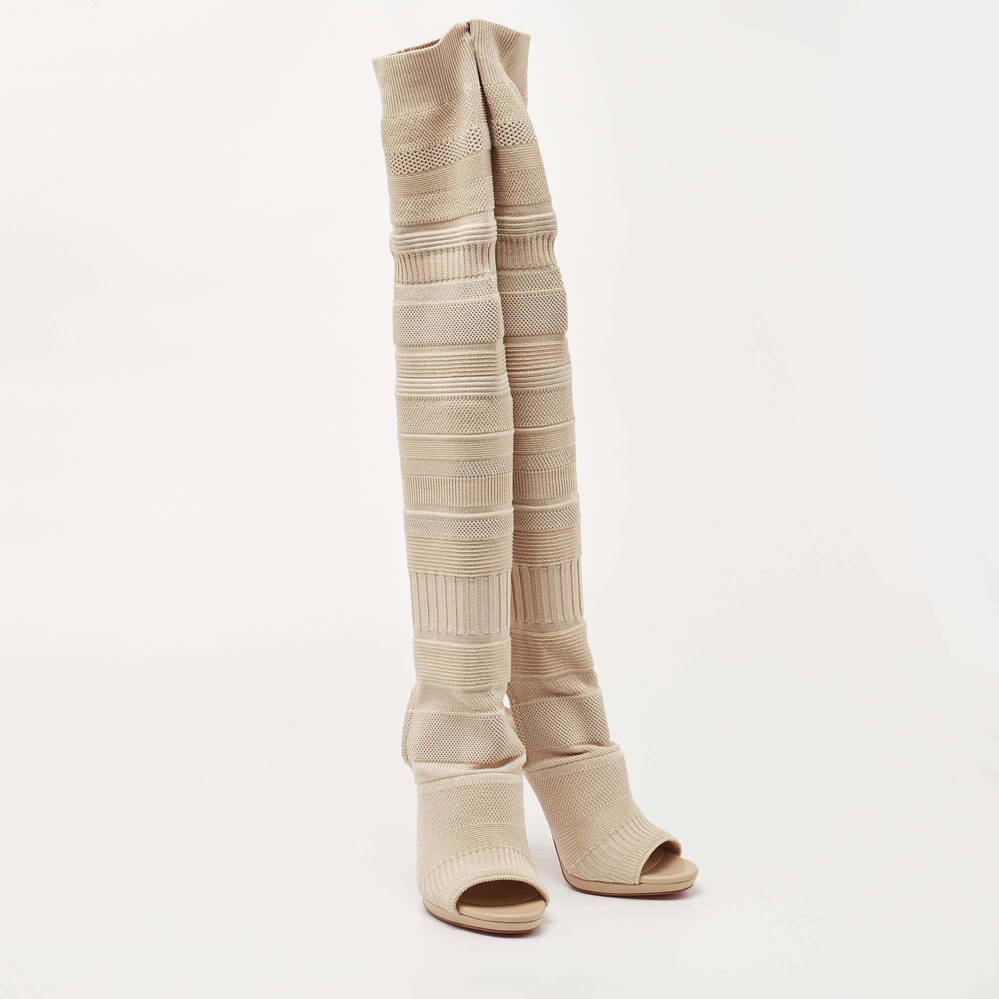 Christian Louboutin Beige Knit Fabric Cheminetta Boots Size 38.5 1