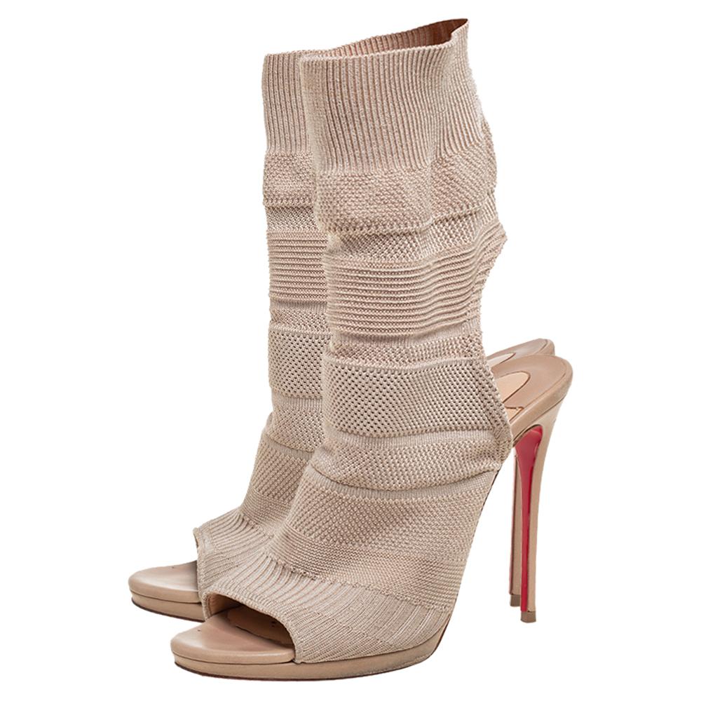 Christian Louboutin Beige Knit Fabric Sock Cheminene Maille Booties Size 37 1
