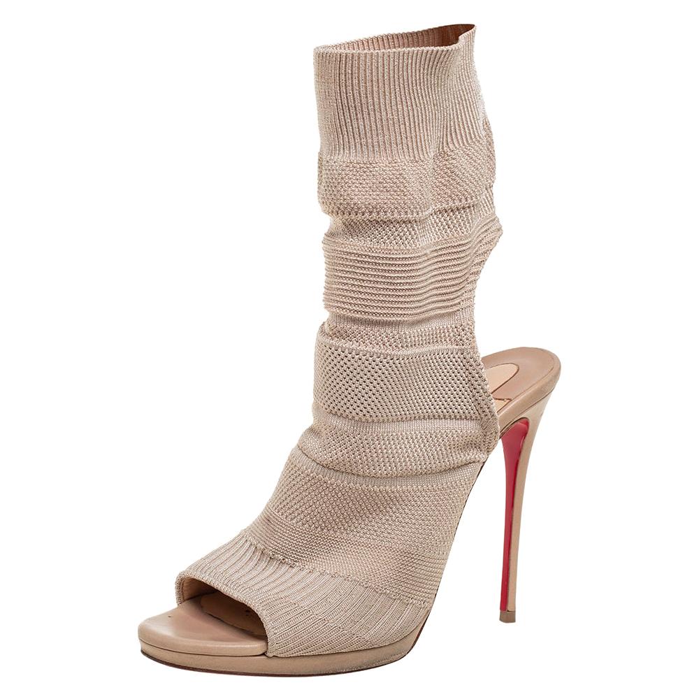 Christian Louboutin Beige Knit Fabric Sock Cheminene Maille Booties Size 37