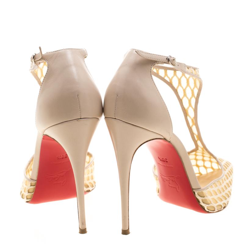 Women's Christian Louboutin Beige Lace Salonu Pointed Toe T Strap Sandals Size 38.5