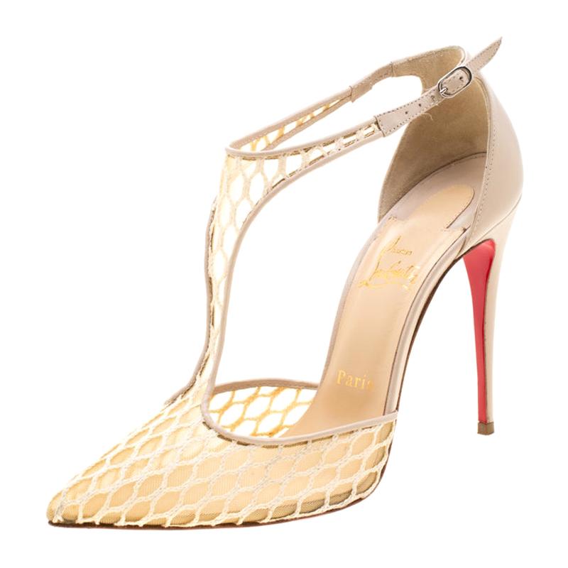 Christian Louboutin Beige Lace Salonu Pointed Toe T Strap Sandals Size 38.5