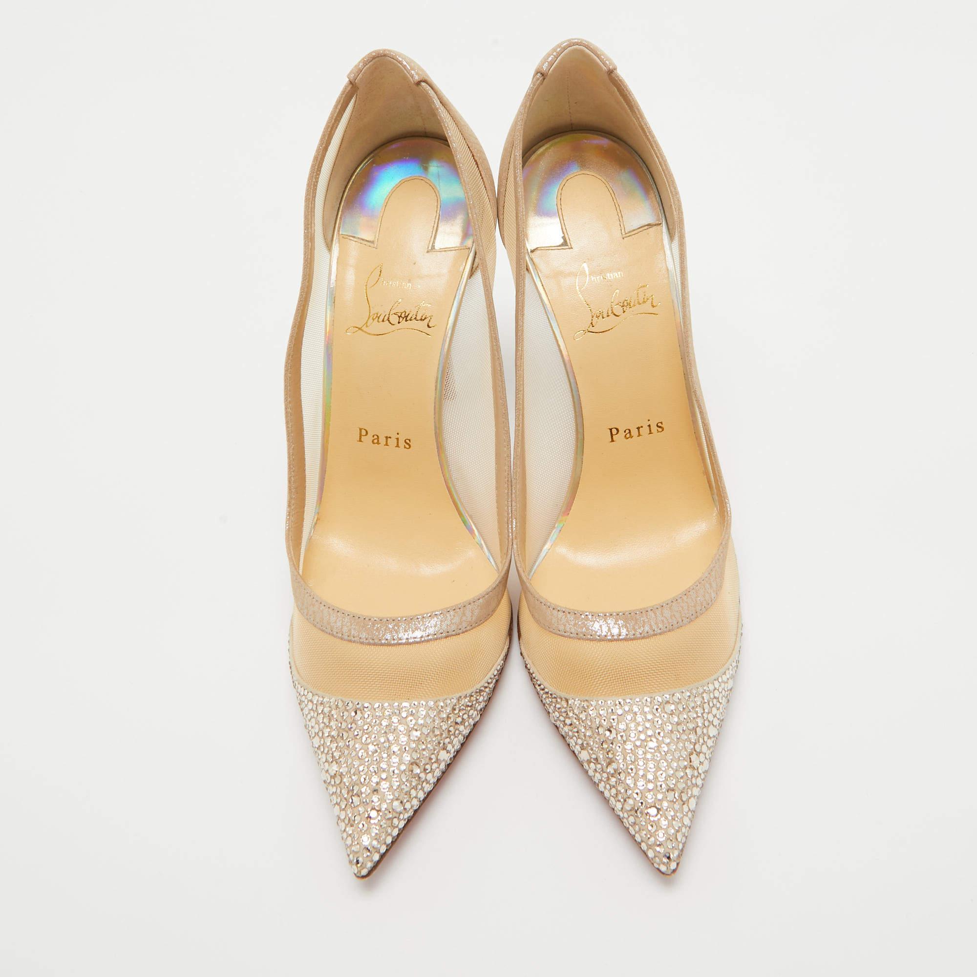 Christian Louboutin Beige Laminated Suede & Mesh Galativi Strass Pumps Size 39.5 In Good Condition In Dubai, Al Qouz 2
