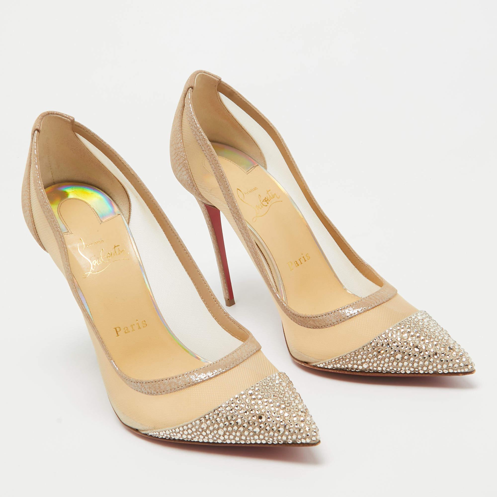 Women's Christian Louboutin Beige Laminated Suede & Mesh Galativi Strass Pumps Size 39.5
