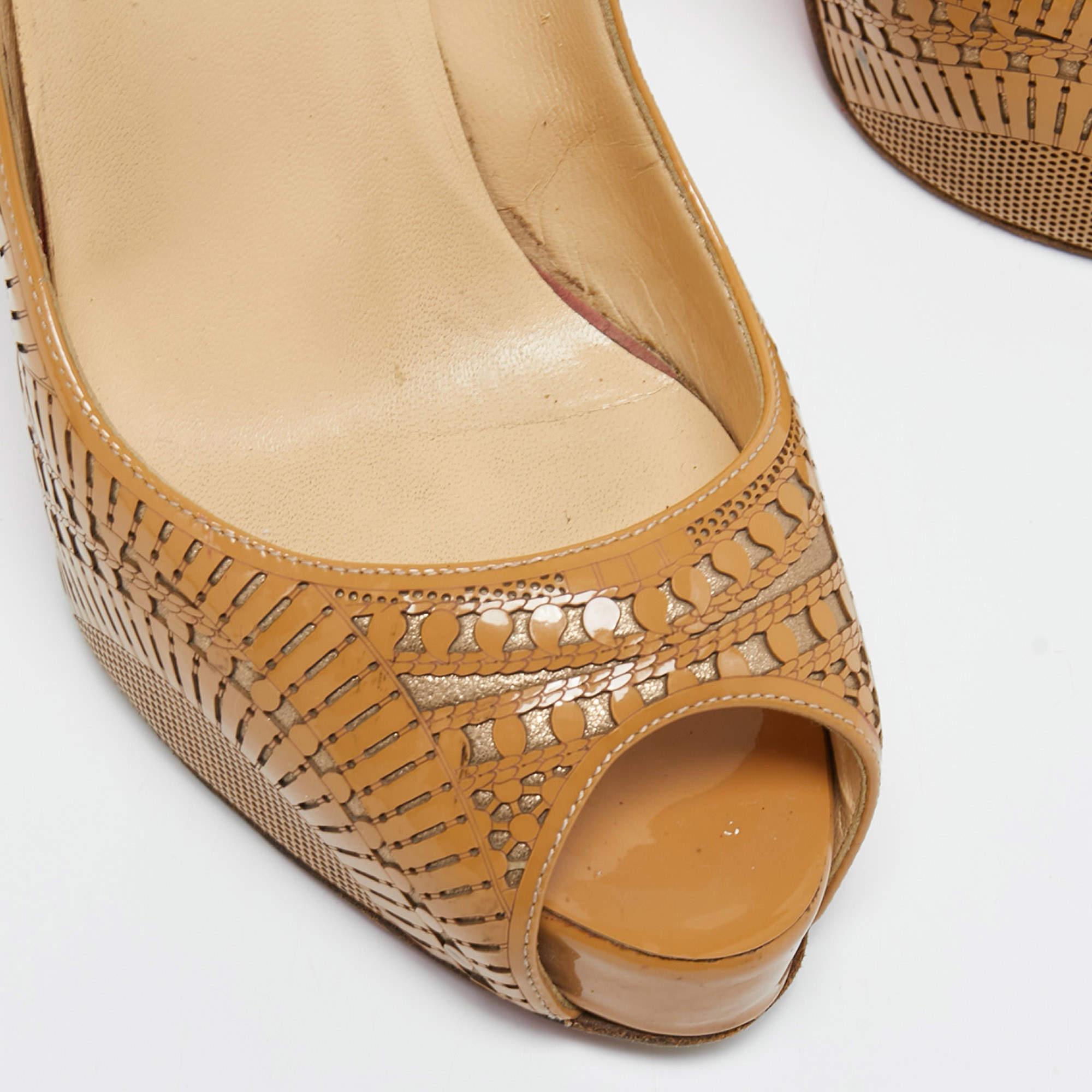 Christian Louboutin Beige Laser Cut Patent Leather Suellena Pumps Size 37 4