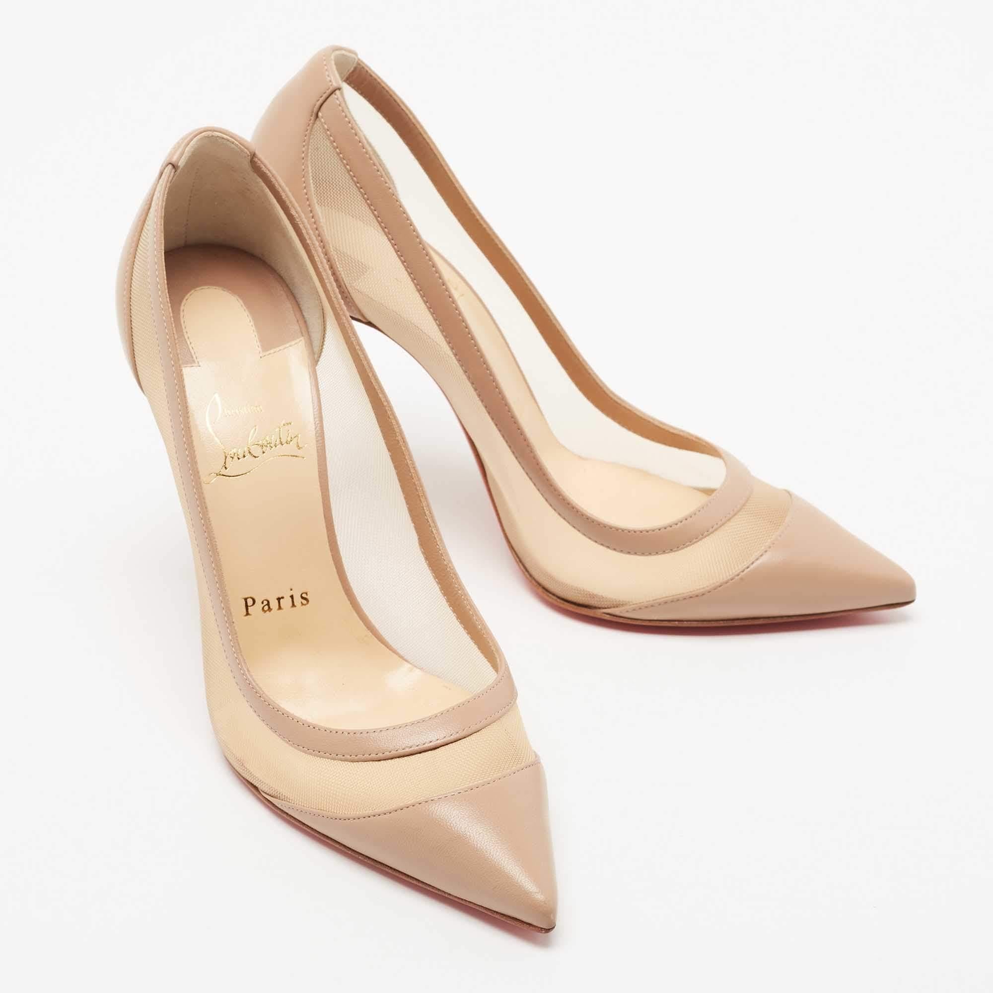 Christian Louboutin Beige Leather and Mesh Galativi Pointed Toe Pumps Size 37 In Excellent Condition In Dubai, Al Qouz 2