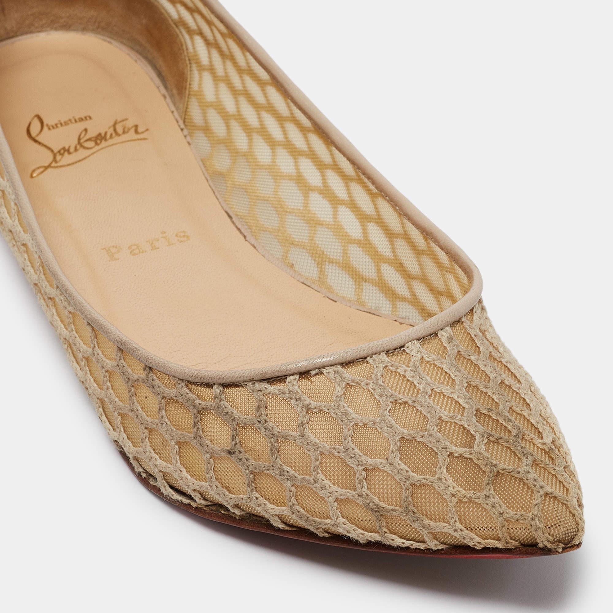 Christian Louboutin Beige Leather and Mesh Pigaresille Ballet Flats Size 38 For Sale 3