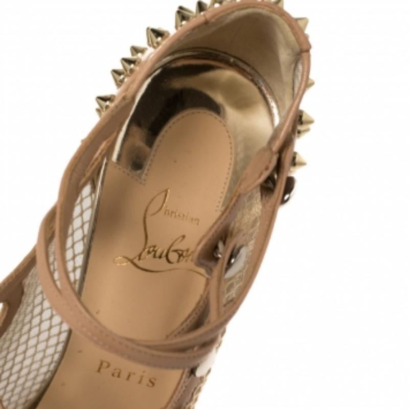 Christian Louboutin Beige Leather and Mesh Spike Strappy Sandals Size 39 For Sale 1