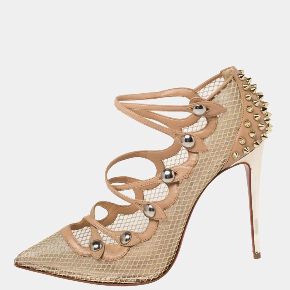 Christian Louboutin Beige Leather and Mesh Spike Strappy Sandals Size 39 For Sale 2