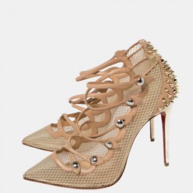 Christian Louboutin Beige Leather and Mesh Spike Strappy Sandals Size 39 For Sale 5