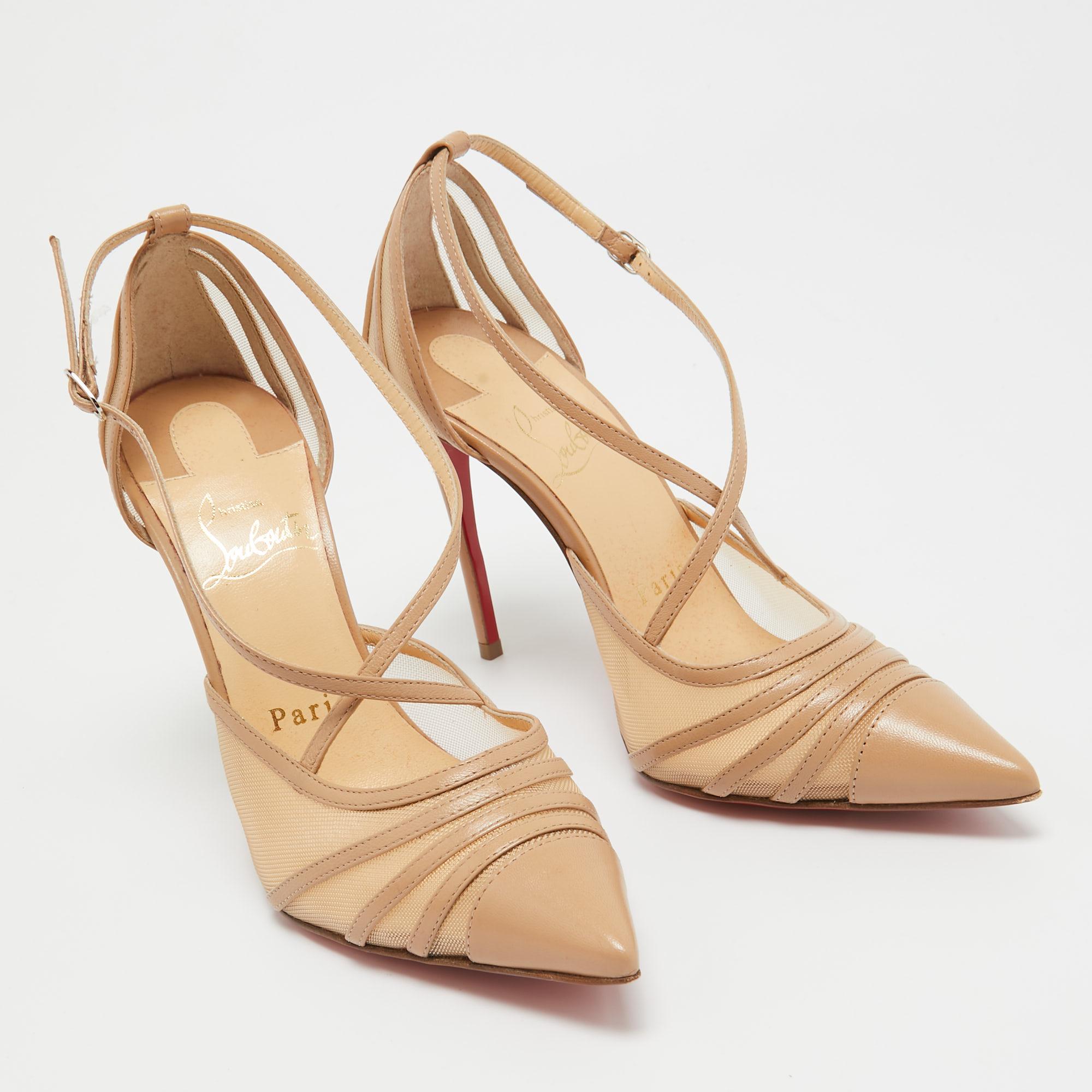 Christian Louboutin Beige Leather and Mesh Theodorella Pumps Size 35 For Sale 1