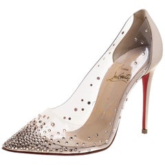 Christian Louboutin Beige Leather And PVC Degrastrass Crystal Pumps Size 35.5