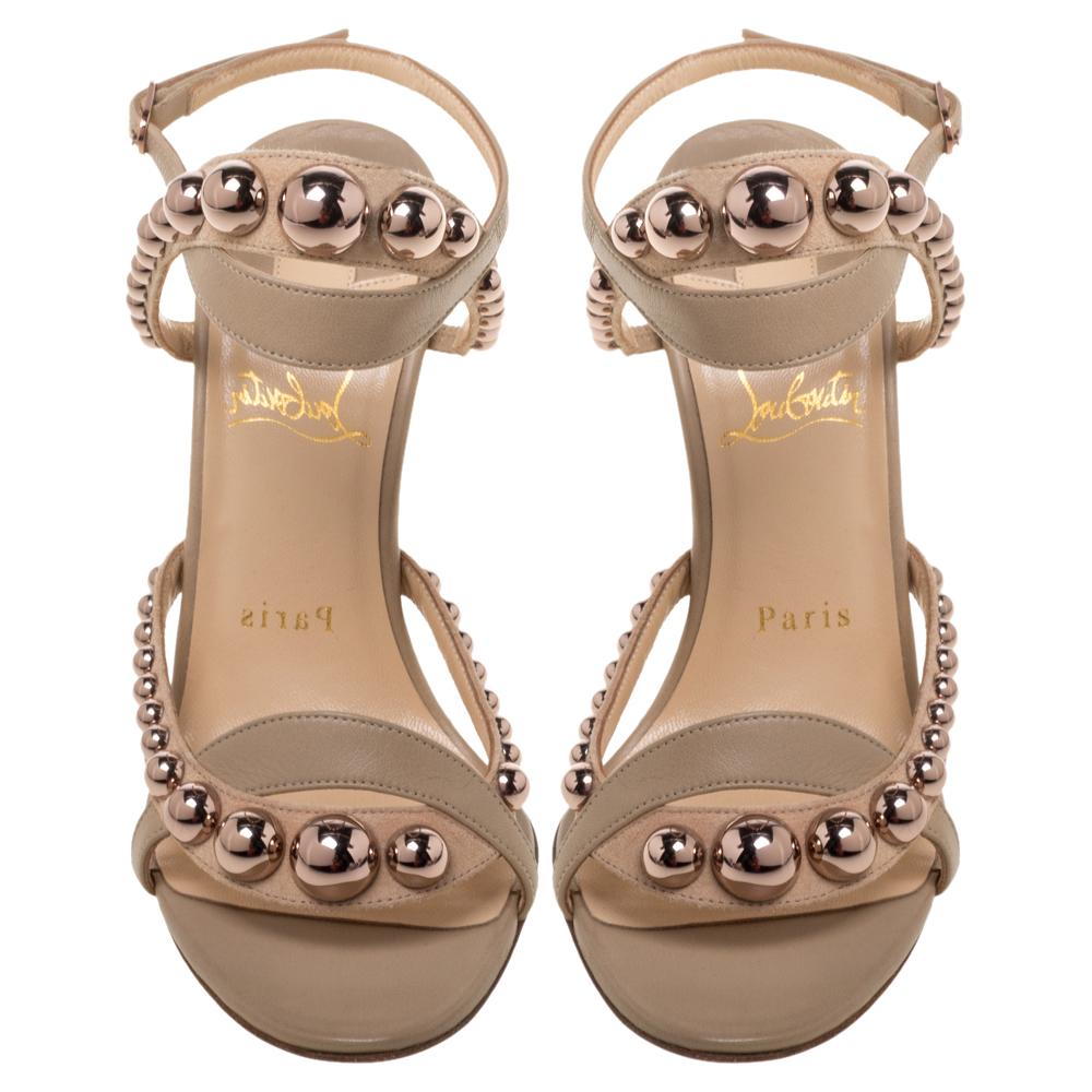 Women's Christian Louboutin Beige Leather Bauble Studded Sandals Size 37.5