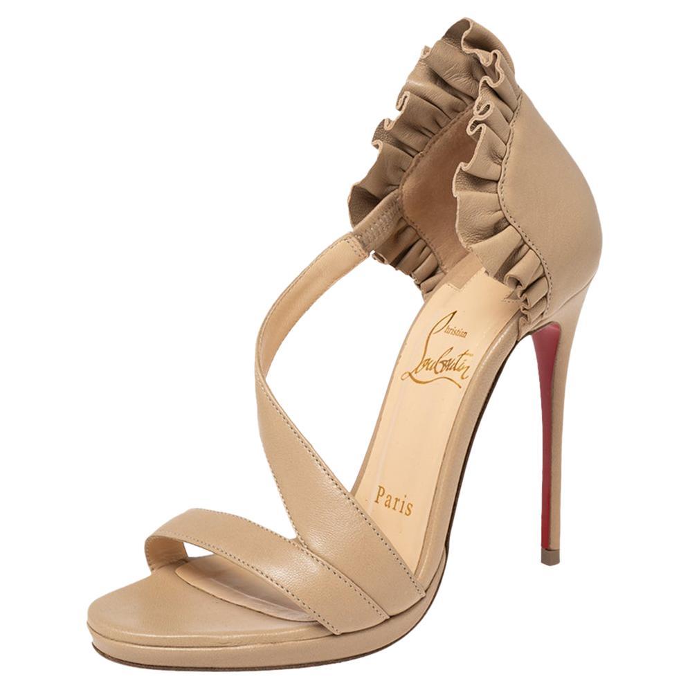 Christian Louboutin Beige Leather Col Ankle Ruffle D'orsay Sandals Size 35