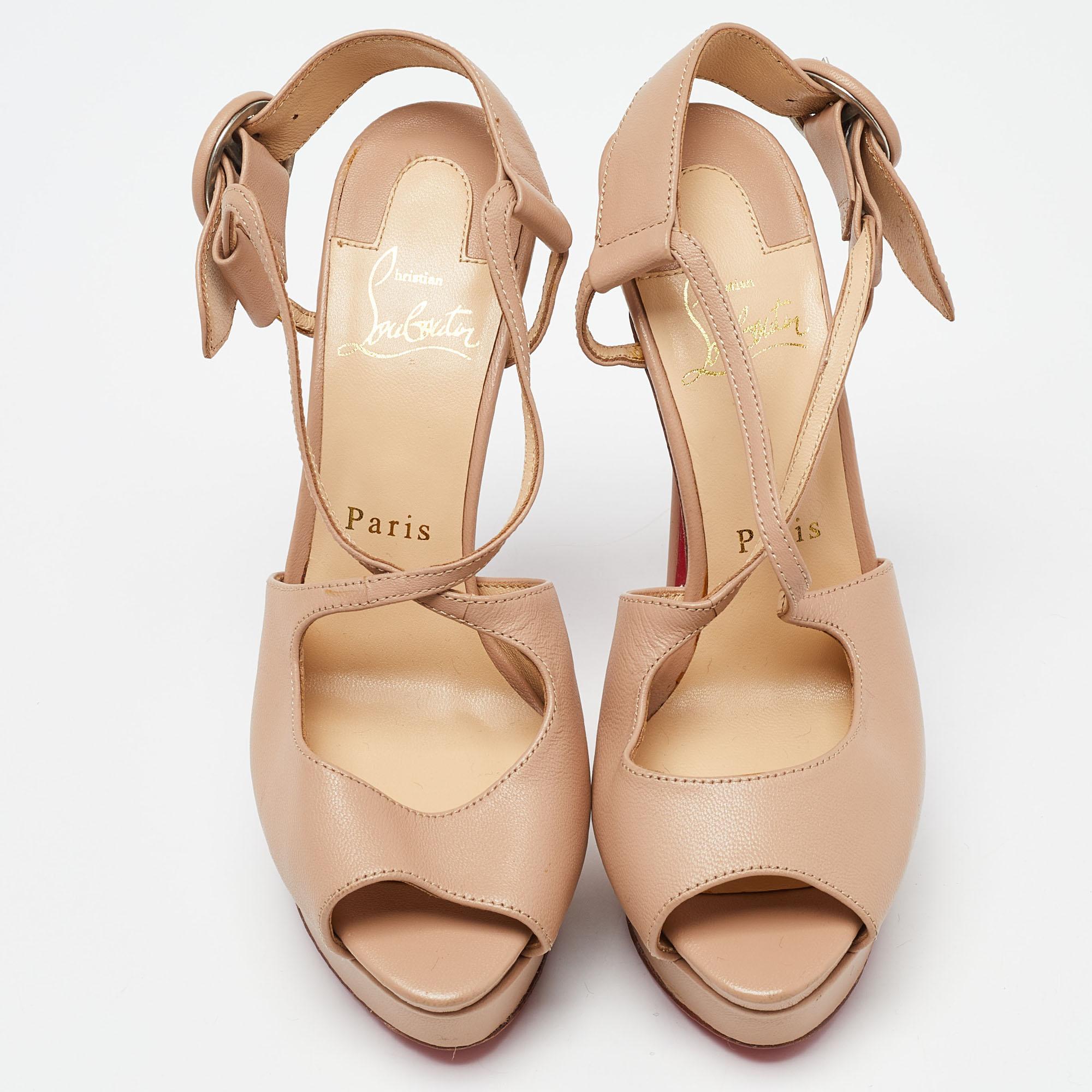 Christian Louboutin Beige Leather Cross Me Crisscross Platform Sandals Size 36 In Good Condition In Dubai, Al Qouz 2