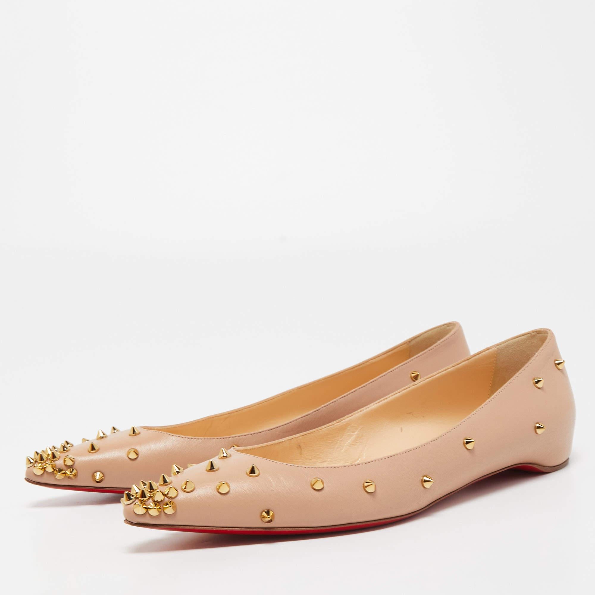 Women's Christian Louboutin Beige Leather Degraspike Pointed Toe Ballet Flats Size 40.5