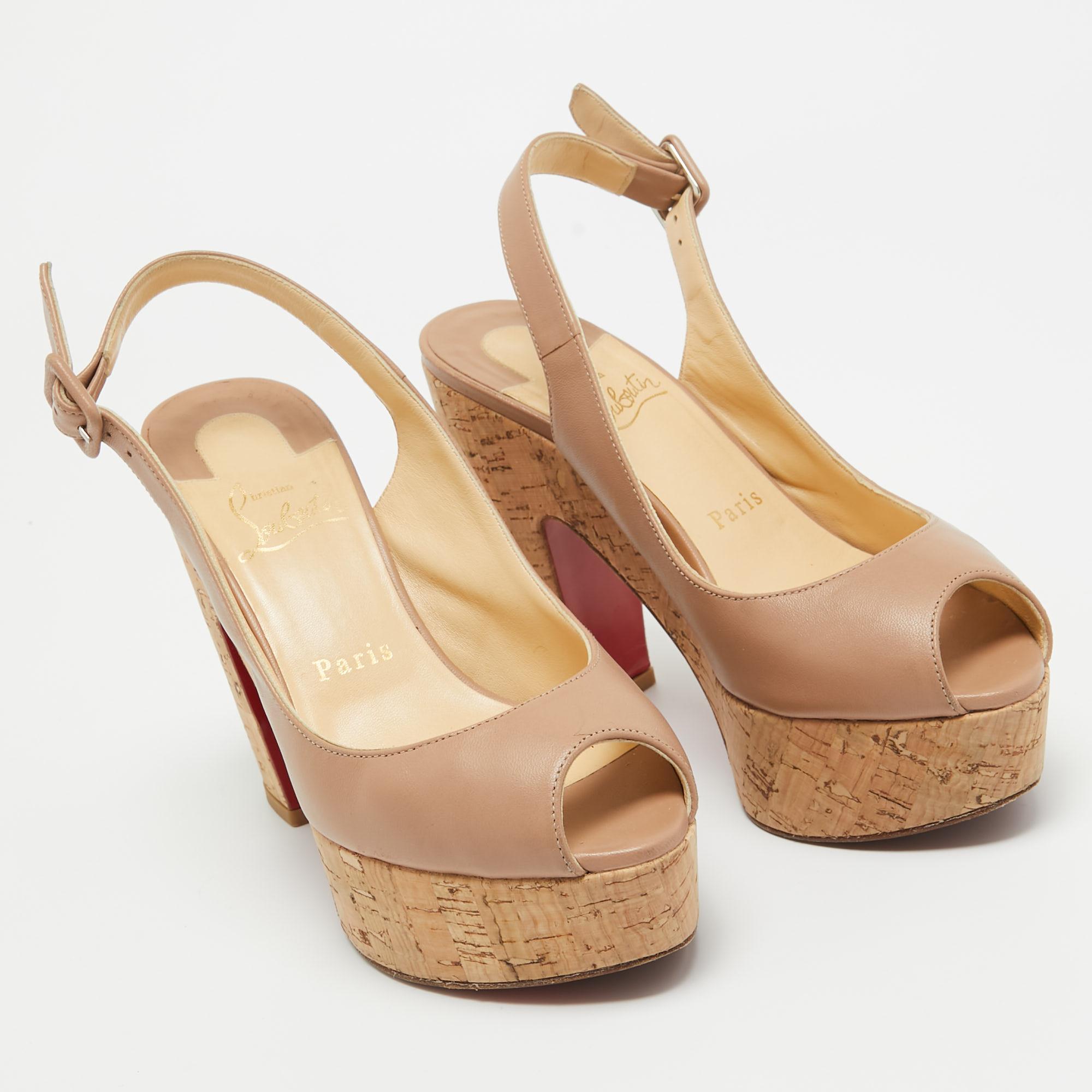 Women's Christian Louboutin Beige Leather Donna Anna Cork Sandals Size 36