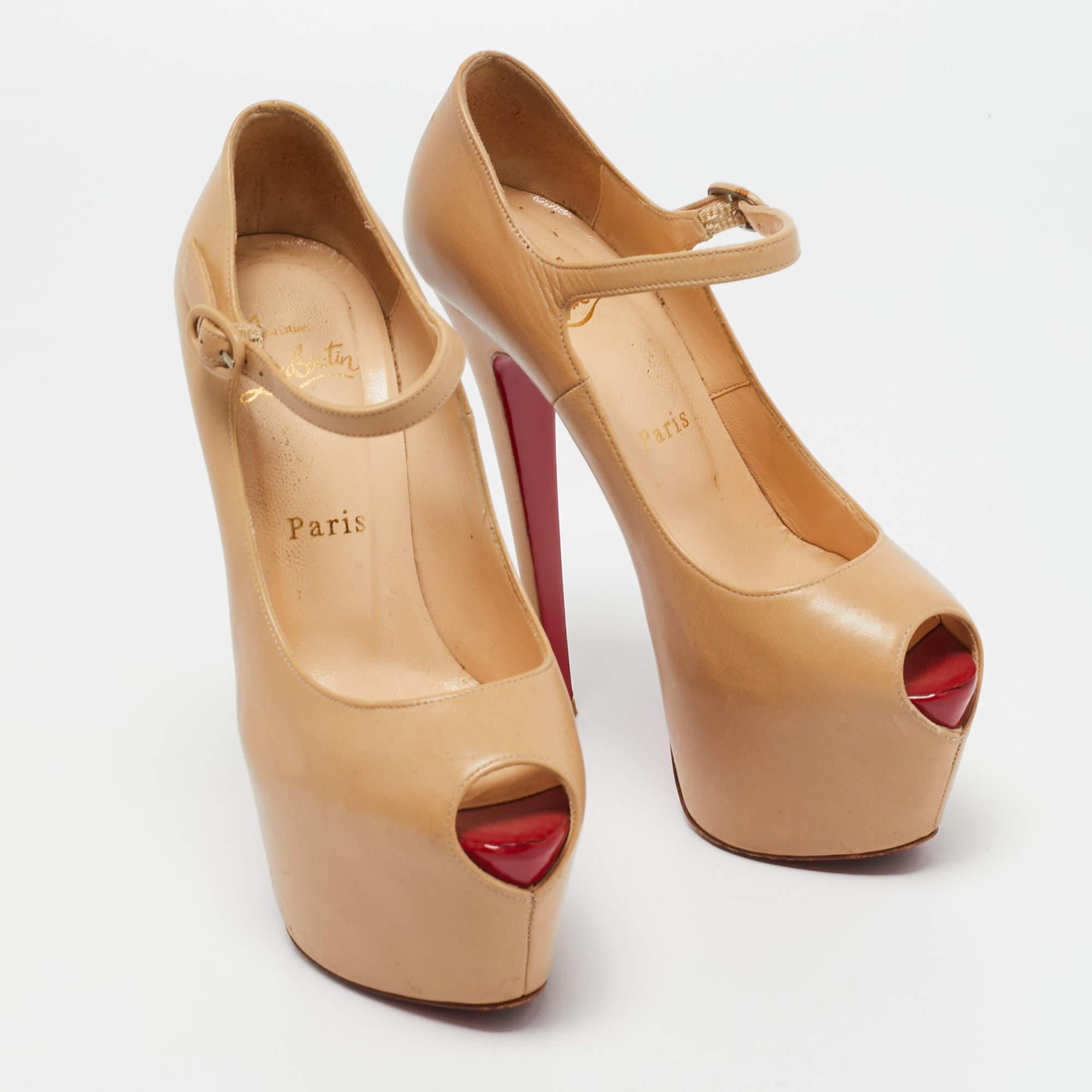 Women's Christian Louboutin Beige Leather Lady Highness Peep Toe Pumps Size 36 For Sale