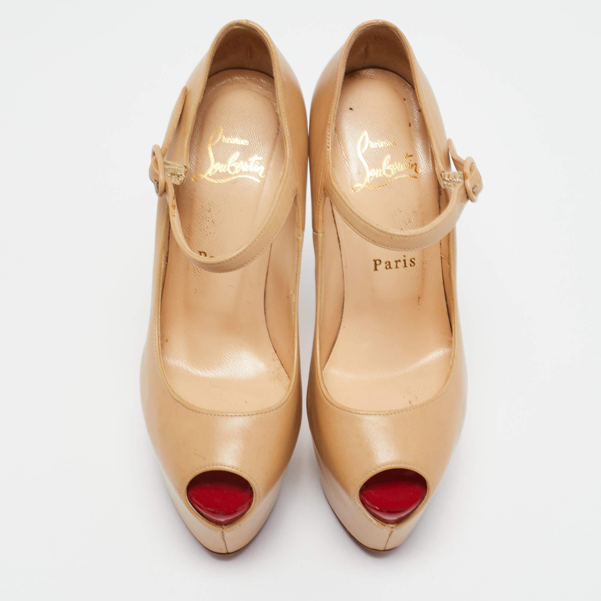 Christian Louboutin Beige Leather Lady Highness Peep Toe Pumps Size 36 For Sale 1