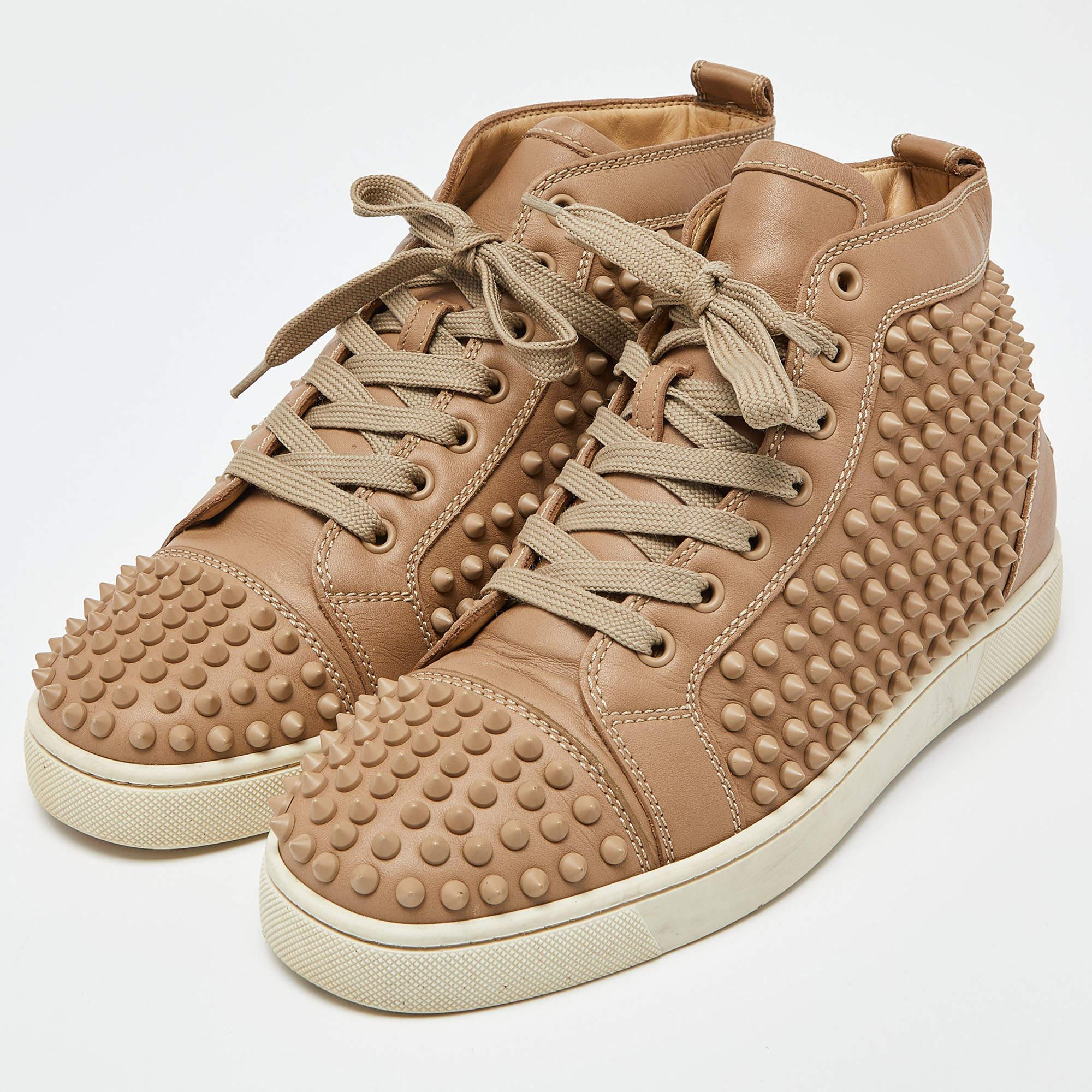 Women's Christian Louboutin Beige Leather Louis Spike High Top Sneakers Size 39.5 For Sale