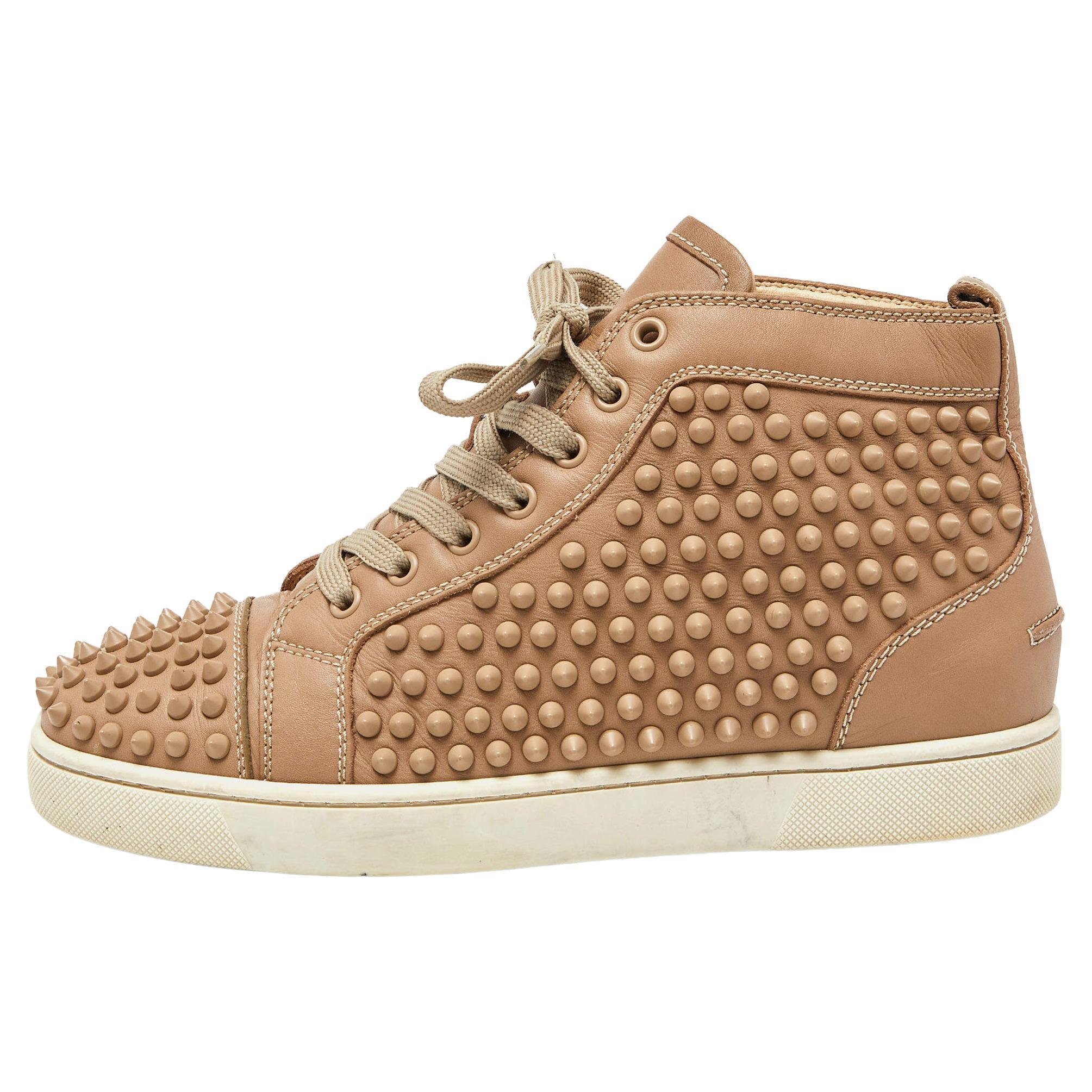 Christian Louboutin Beige Leather Louis Spike High Top Sneakers Size 39.5 For Sale