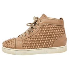 Used Christian Louboutin Beige Leather Louis Spike High Top Sneakers Size 39.5