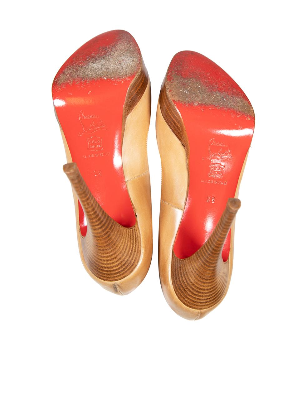 Women's Christian Louboutin Beige Leather Peep Toe Platform Heels Size IT 38 For Sale