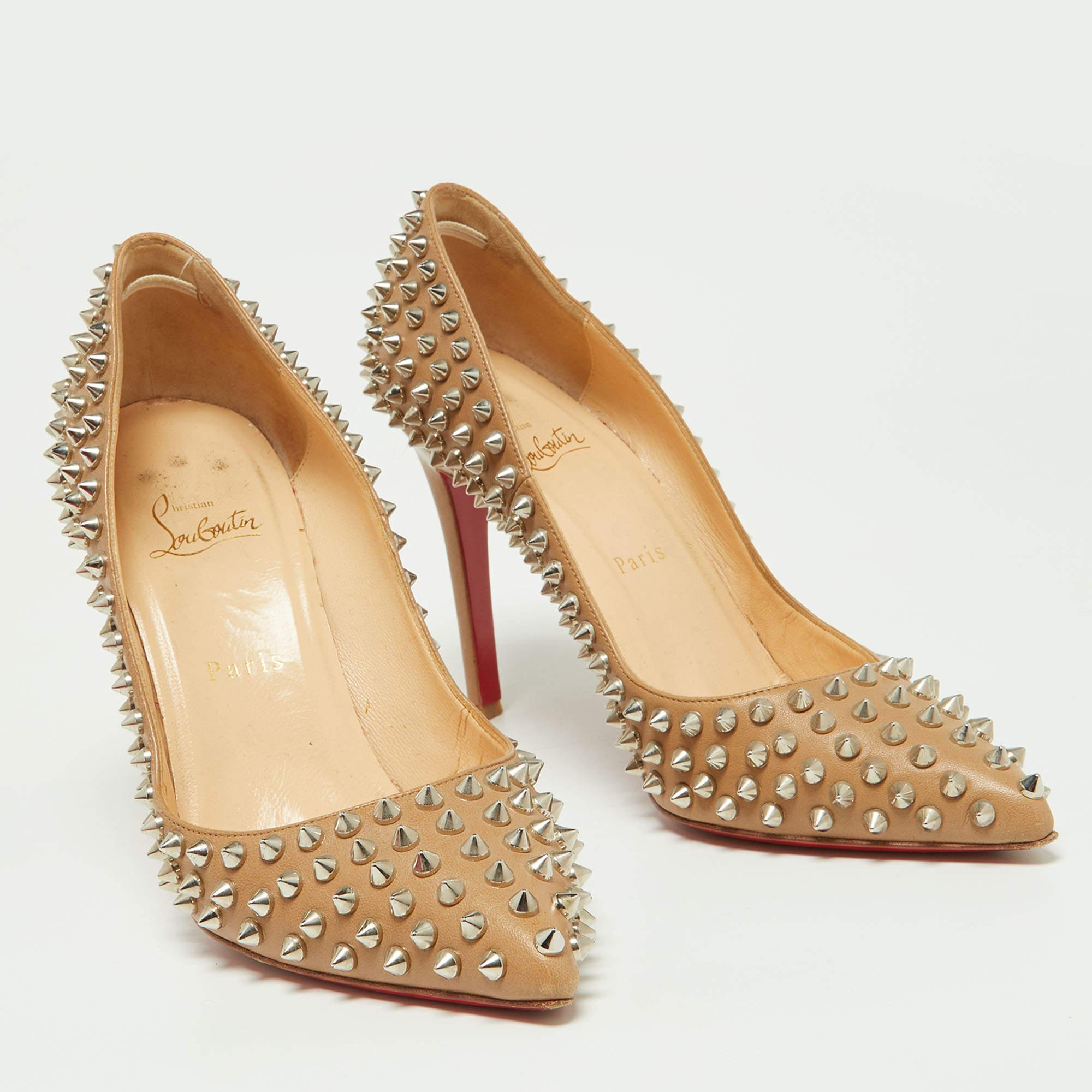 Christian Louboutin Beige Leather Pigalle Spikes Pumps Size 39.5 For Sale 1