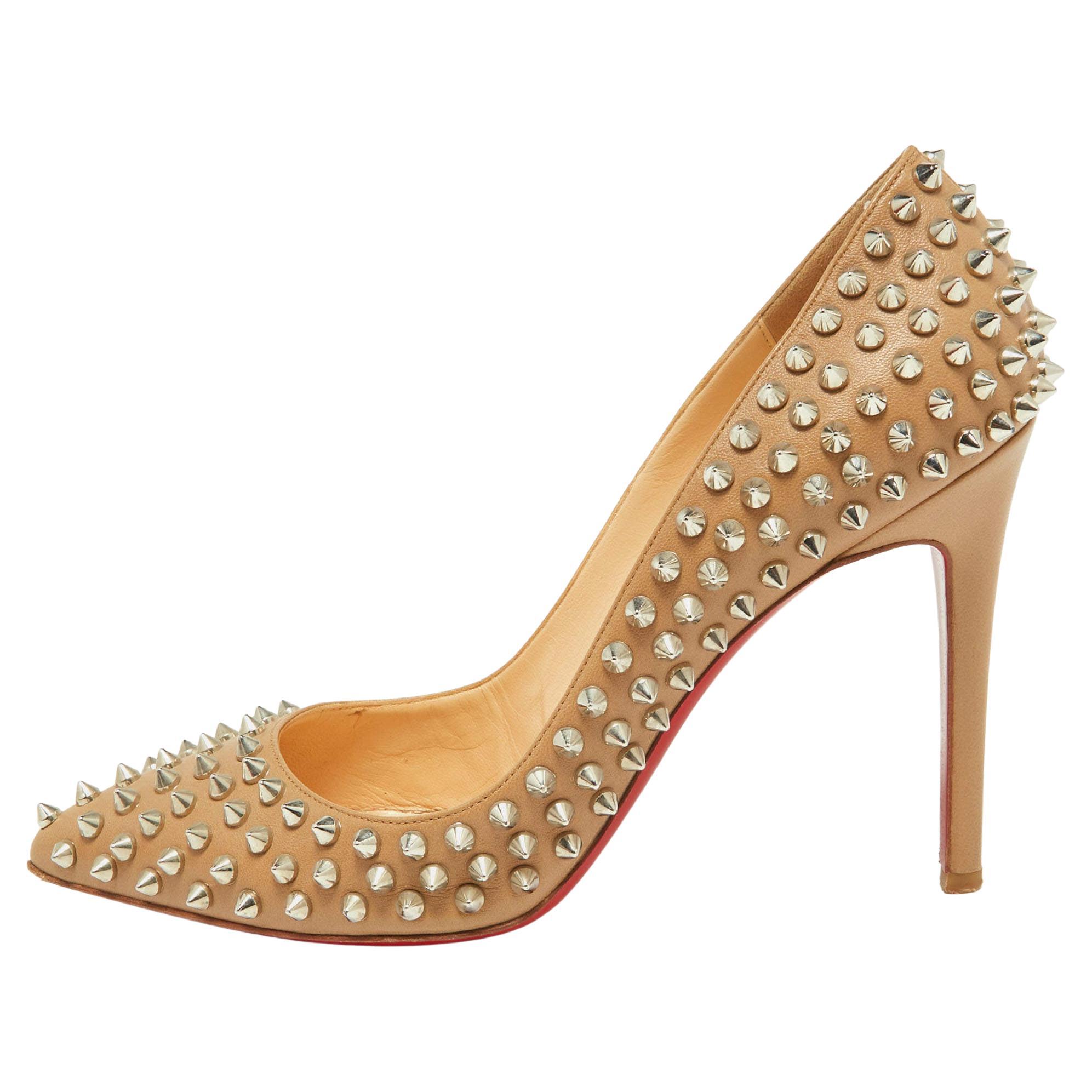 Christian Louboutin Beige Leather Pigalle Spikes Pumps Size 39.5 For Sale