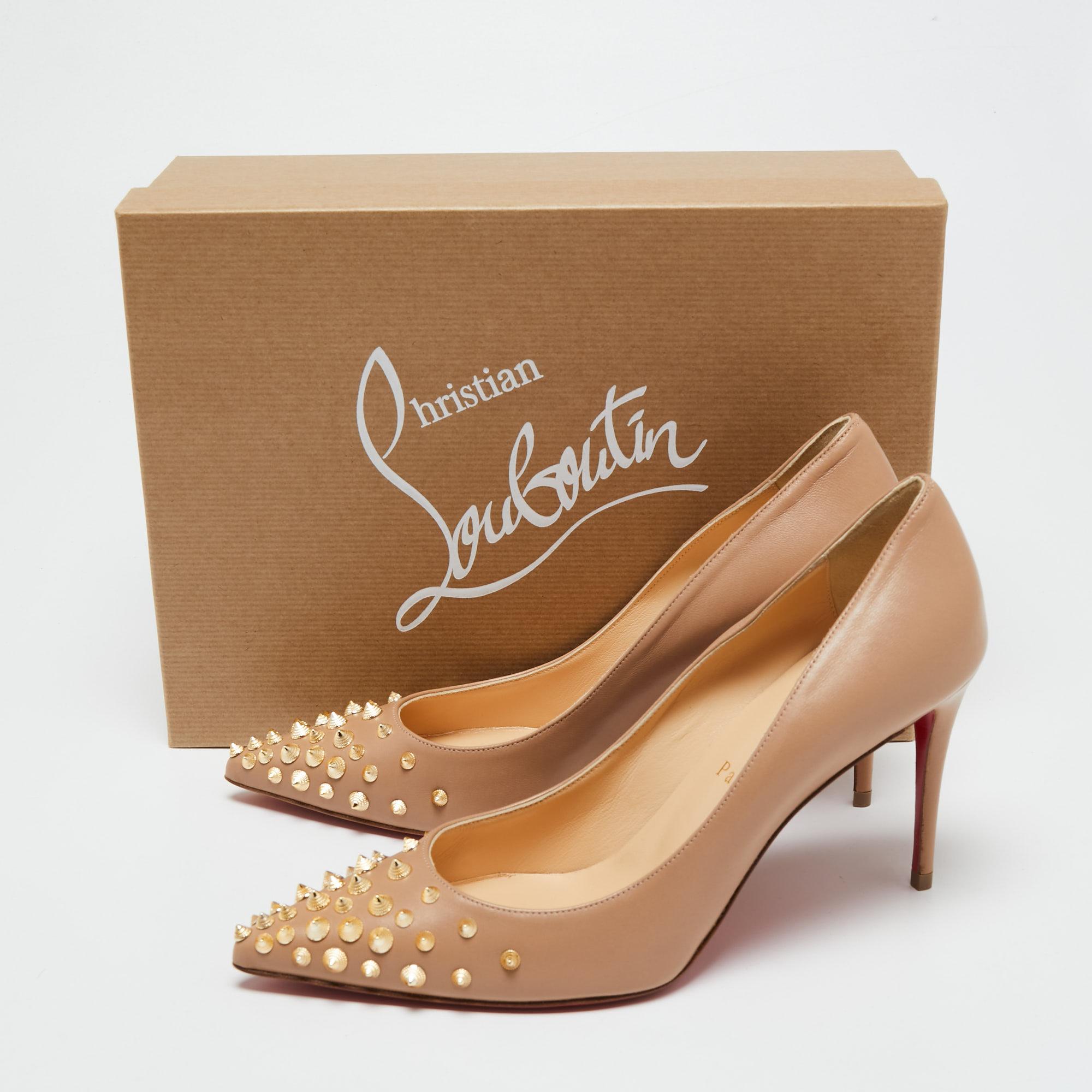 Christian Louboutin Beige Leather Spiky Shell Pumps Size 38 1