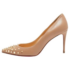 Used Christian Louboutin Beige Leather Spiky Shell Pumps Size 38