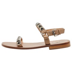 Christian Louboutin Beige Leather Studded Ankle Strap Flat Sandals Size 40