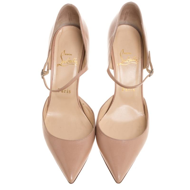 Christian Louboutin Beige Leather Tirana Mary Jane Pointed Toe Pumps Size 38.5 In Good Condition In Dubai, Al Qouz 2