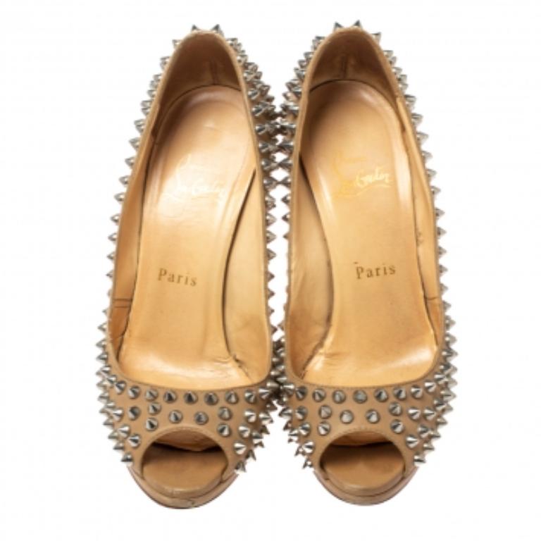 Christian Louboutin Beige Leather Yolanda Spikes Peep Toe Pumps Size 36.5 For Sale 1