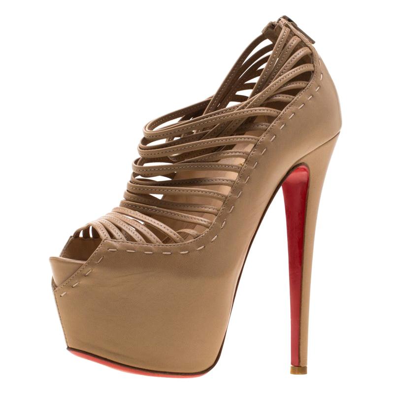Christian Louboutin Beige Leather Zoulou Platform Peep Toe Cage Size 36.5  at 1stDibs