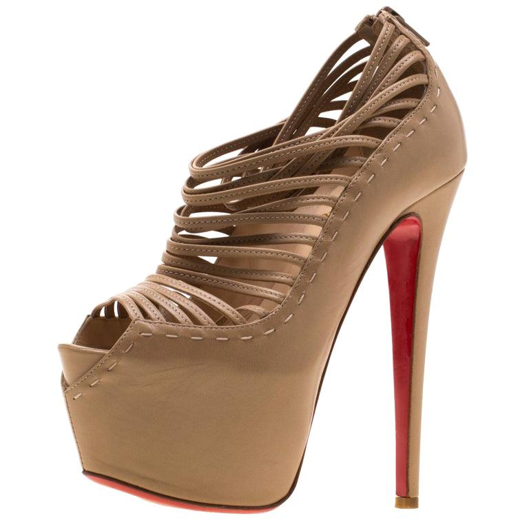 Christian Louboutin Beige Leather Zoulou Platform PeepToe Cage Sandals Size 36.5