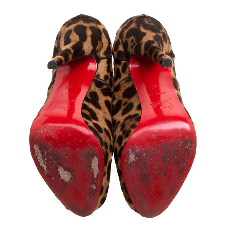 Christian Louboutin Beige Leopard Print Calfhair Lady Derby Peep Toe Booties Siz 1