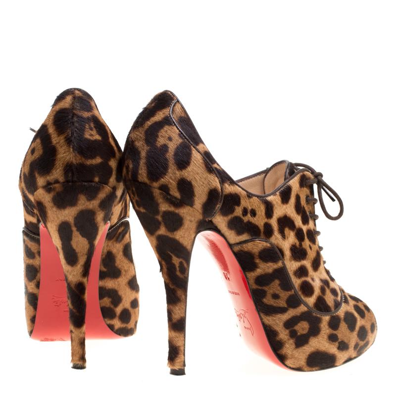 Christian Louboutin Beige Leopard Print Calfhair Lady Derby Peep Toe Booties Siz 4