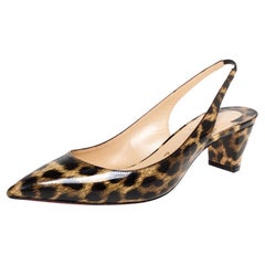 Christian Louboutin Beige Leopard Print Patent Leather Slingback Pumps Size 38