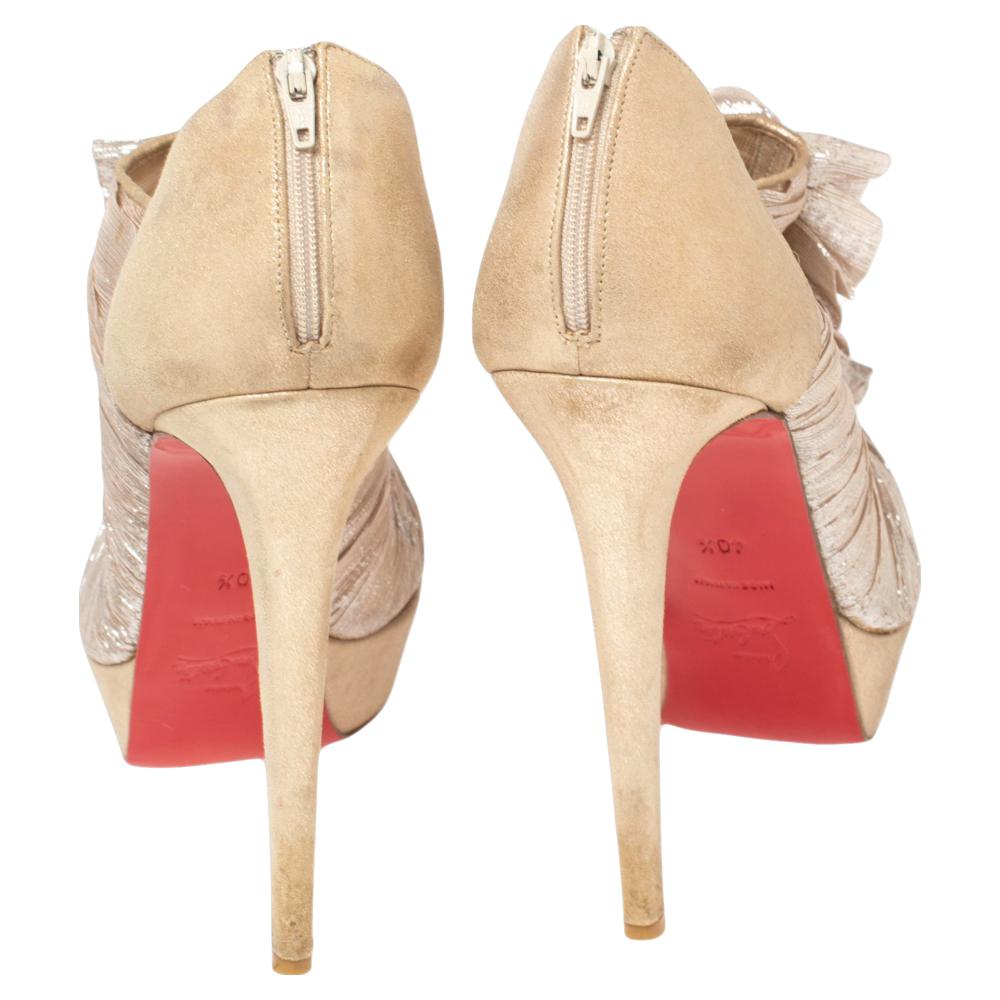 Christian Louboutin Beige Lurex Fabric And Suede Peep Toe Booties Size 40.5 For Sale 1