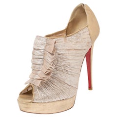 Used Christian Louboutin Beige Lurex Fabric And Suede Peep Toe Booties Size 40.5