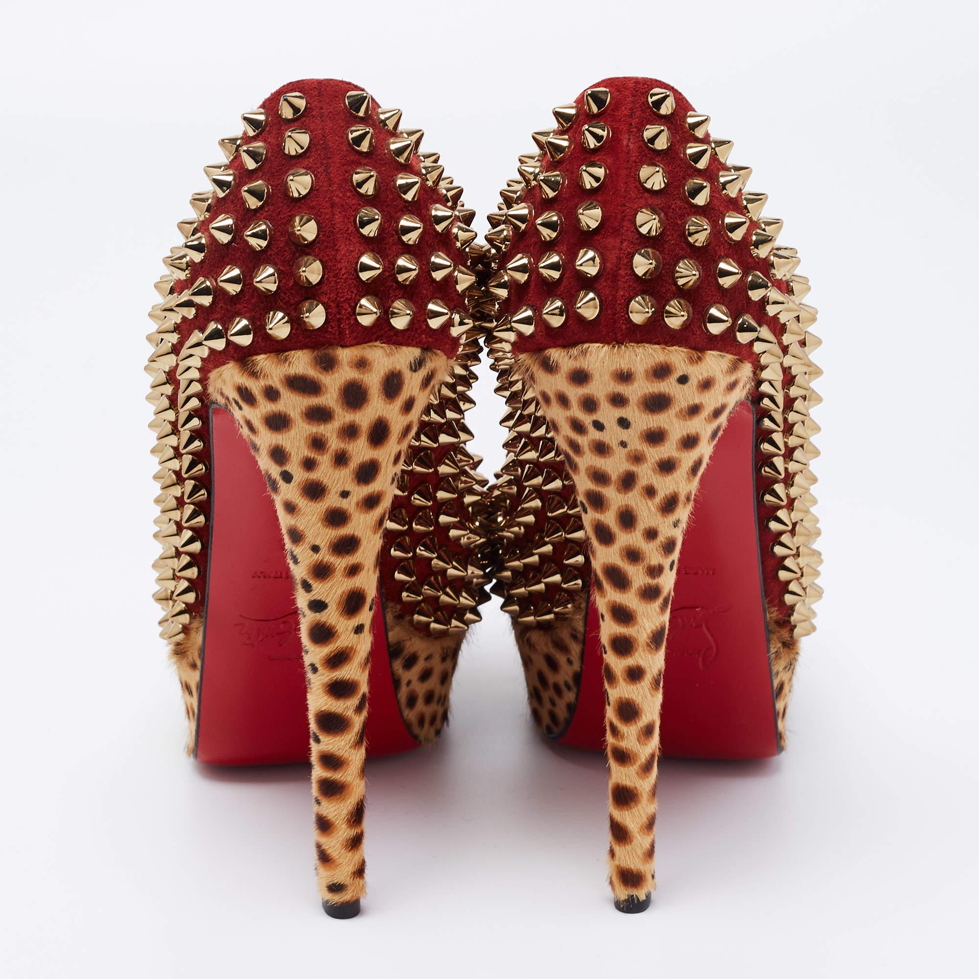 Brown Christian Louboutin Beige/Maroon Leopard Print Lady Peep Spikes Pumps Size 36 For Sale