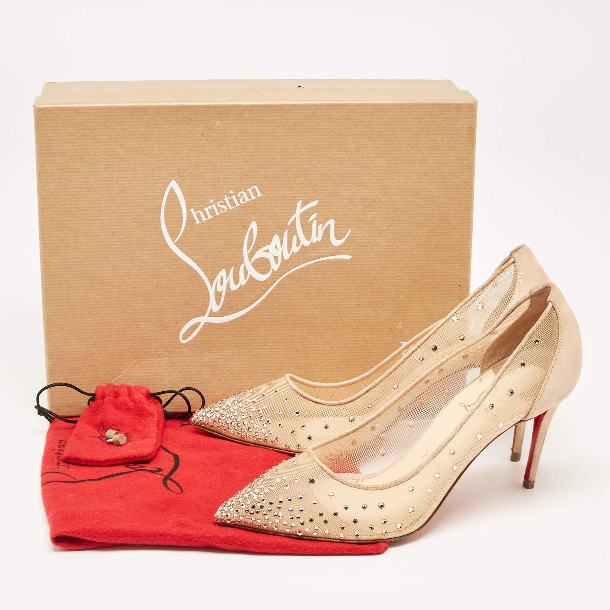 Christian Louboutin Beige Mesh and Laminated Suede Follies Strass Pumps Size 37. 7