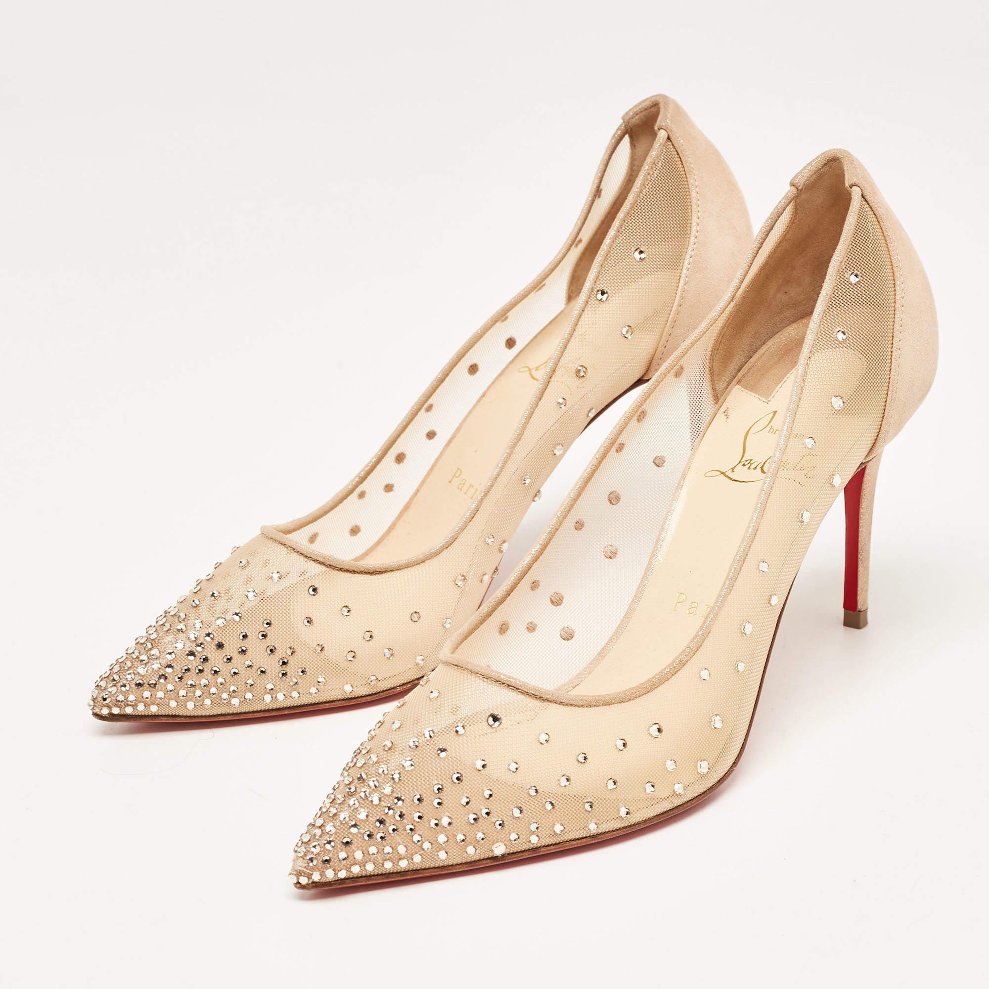 Christian Louboutin Beige Mesh and Laminated Suede Follies Strass Pumps Size 37. In Good Condition In Dubai, Al Qouz 2