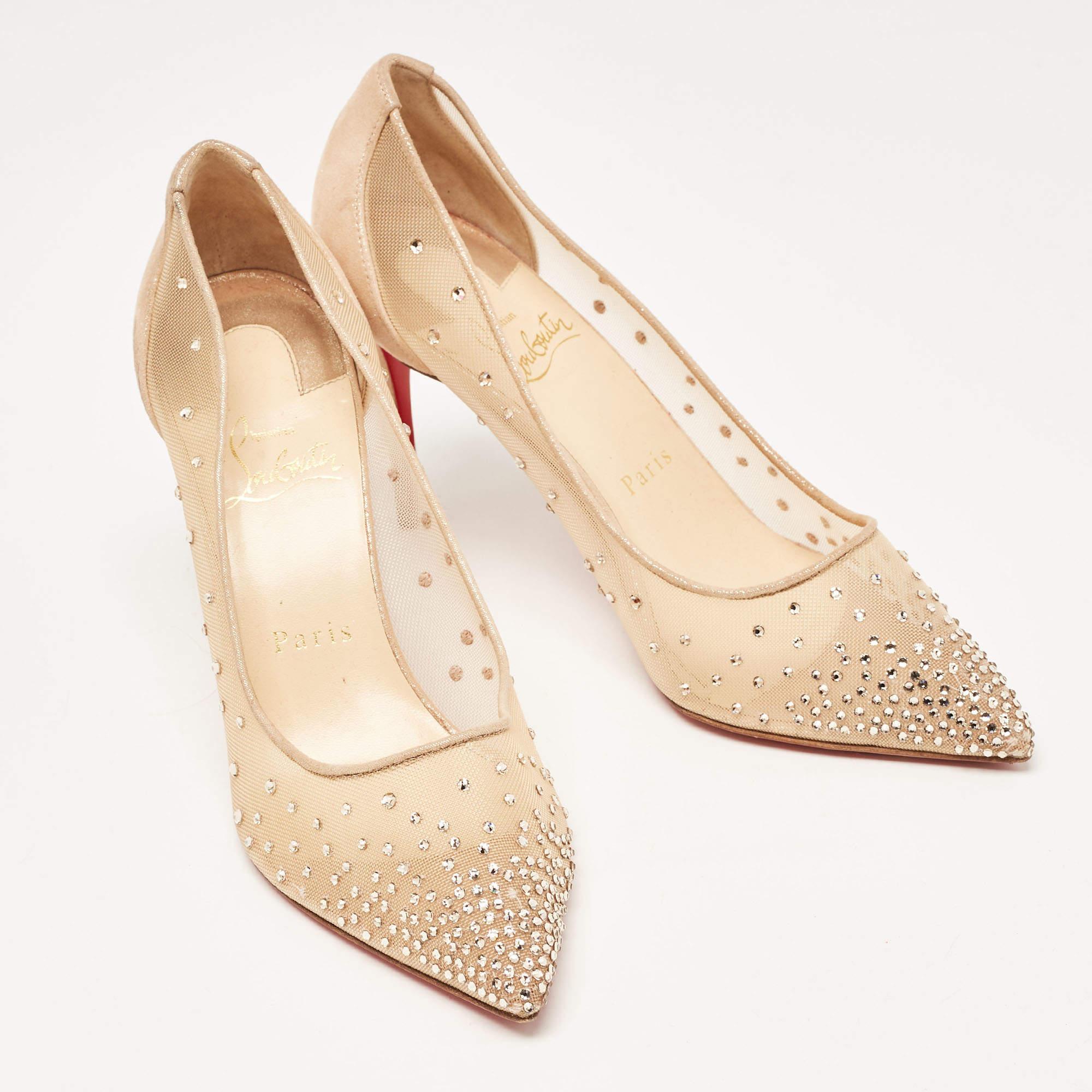 Women's Christian Louboutin Beige Mesh and Laminated Suede Follies Strass Pumps Size 37.