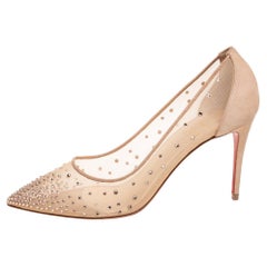 Christian Louboutin Beige Mesh and Laminated Suede Follies Strass Pumps Size 40