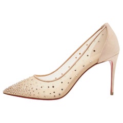 Christian Louboutin Beige Mesh and Laminated Suede Follies Strass Pumps Size 40